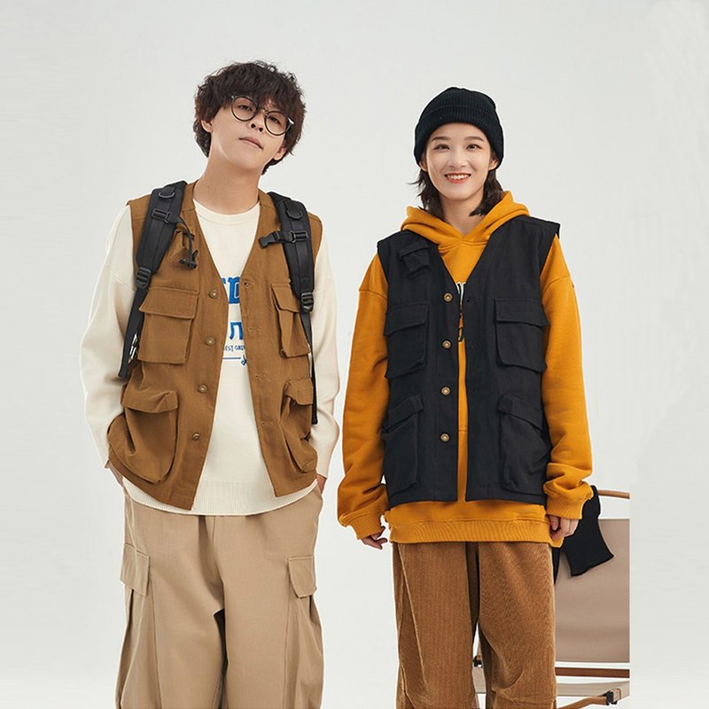 日系多口袋工装夹克情侣外套马甲背心男女上衣 - 男装背心 - 棉．麻 