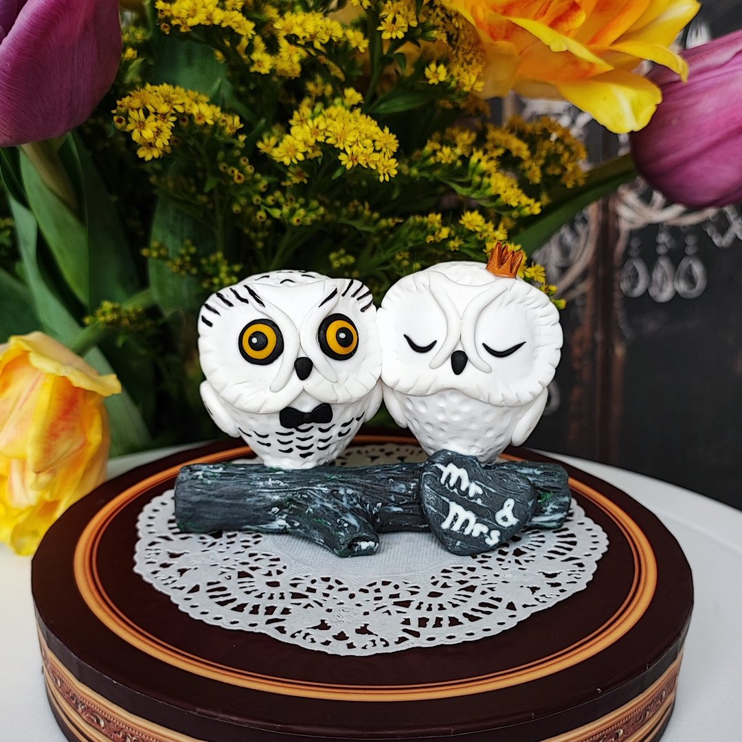Snowy owl wedding cake Love birds cake topper Garden wedding cake topper Spring - 摆饰 - 其他材质 多色
