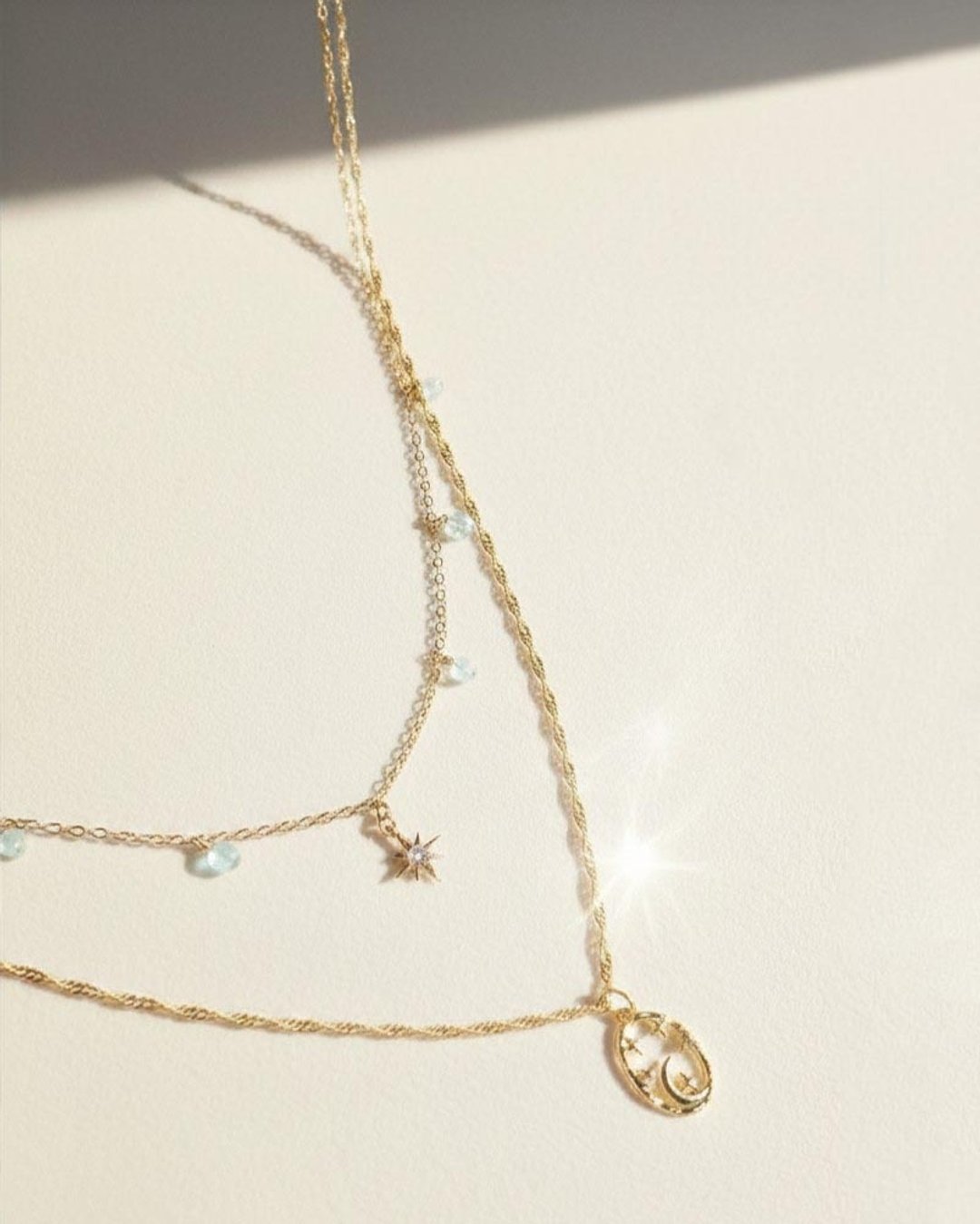 月光石&托帕石 14K 包金 | 星月相随 | 双层项链锁骨链 - 项链 - 水晶 金色