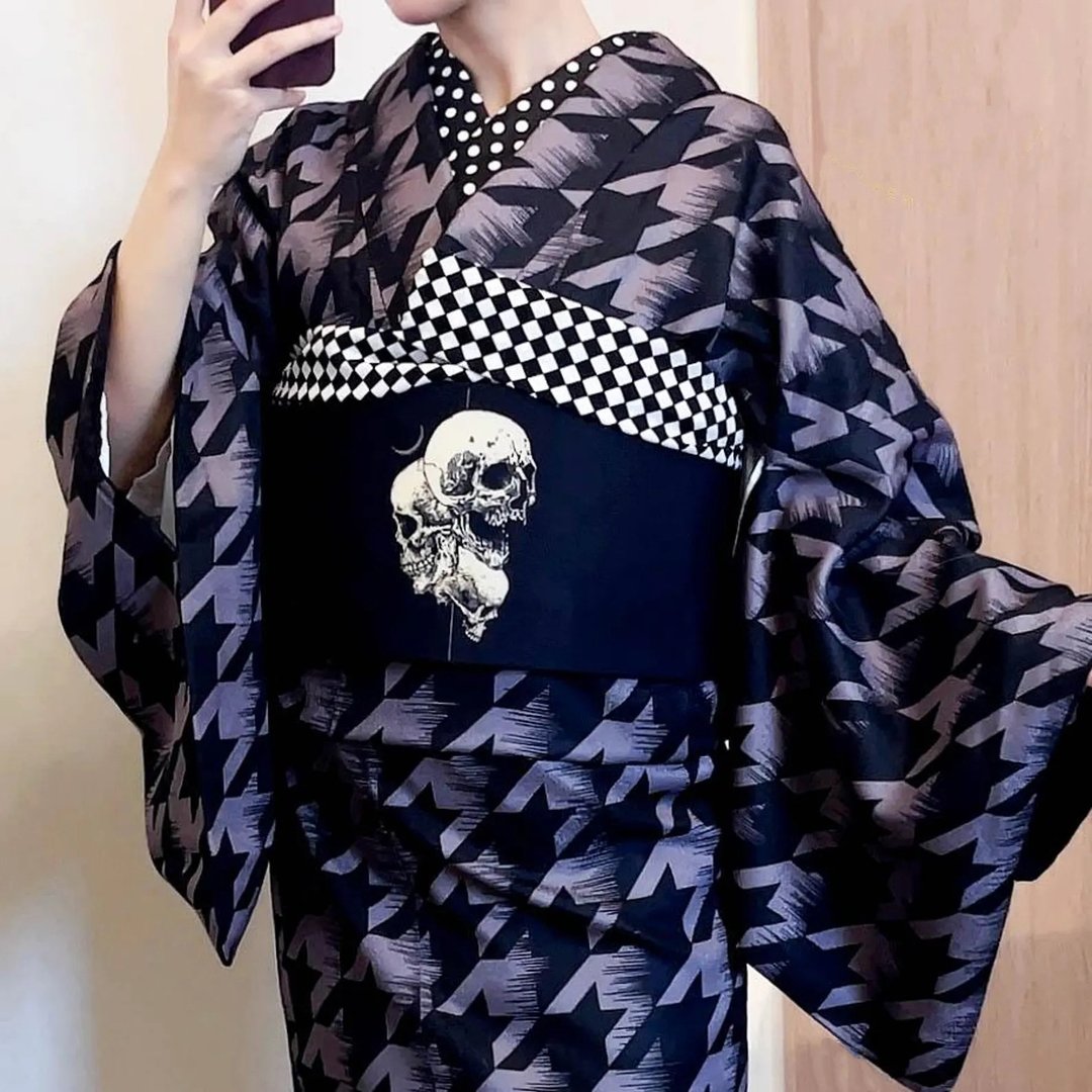 双面和服半幅带/ 浴衣腰带 - 骷髅图案样式 - 皮带/腰带 - 聚酯纤维 黑色