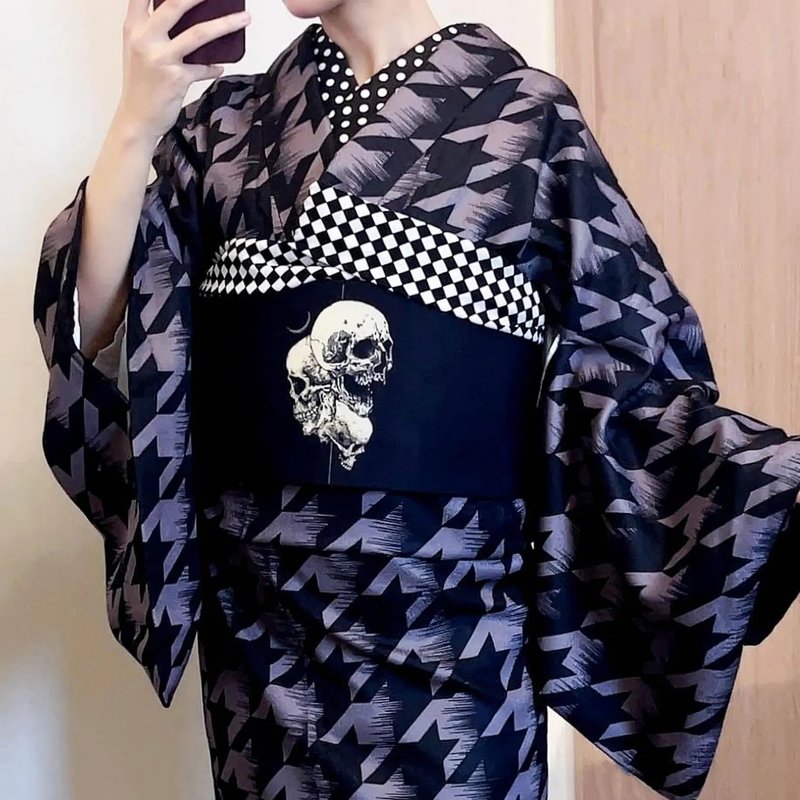 双面和服半幅带/ 浴衣腰带 - 骷髅图案样式 - 皮带/腰带 - 聚酯纤维 黑色