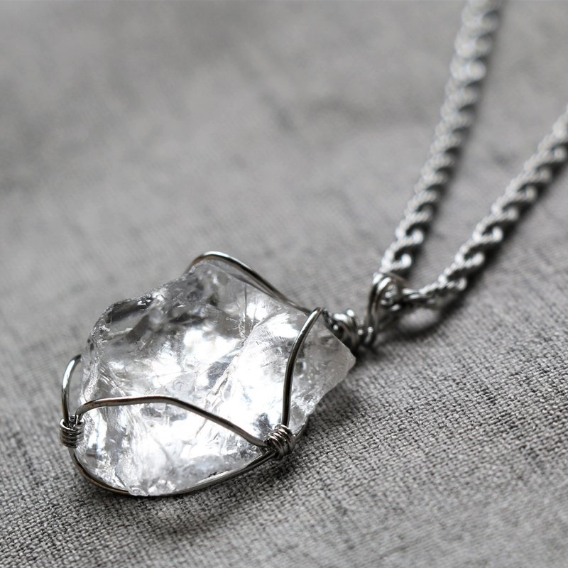 天然矿石白水晶原石颈链项链 矿石项链 男项链 不锈钢项链 欧美风 - 项链 - 宝石 白色