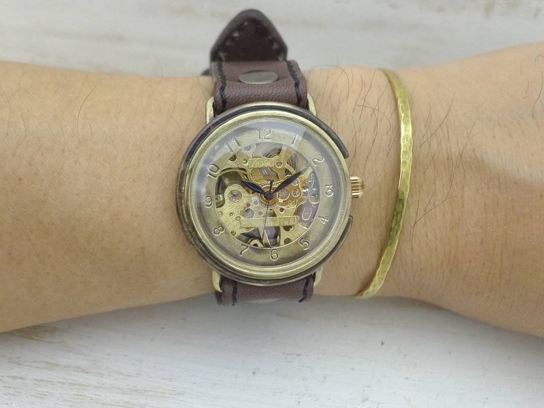 Handmade watch BHW059 Manual winding Brass36mm Arabic numerals Sewing machine stitch belt - 女表 - 铜/黄铜 金色