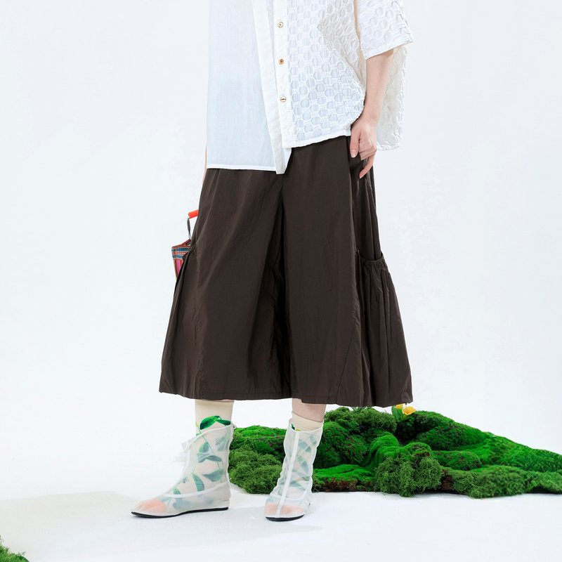 立体澎澎口袋七分大宽裤 - 女装长裤 - 棉．麻 咖啡色