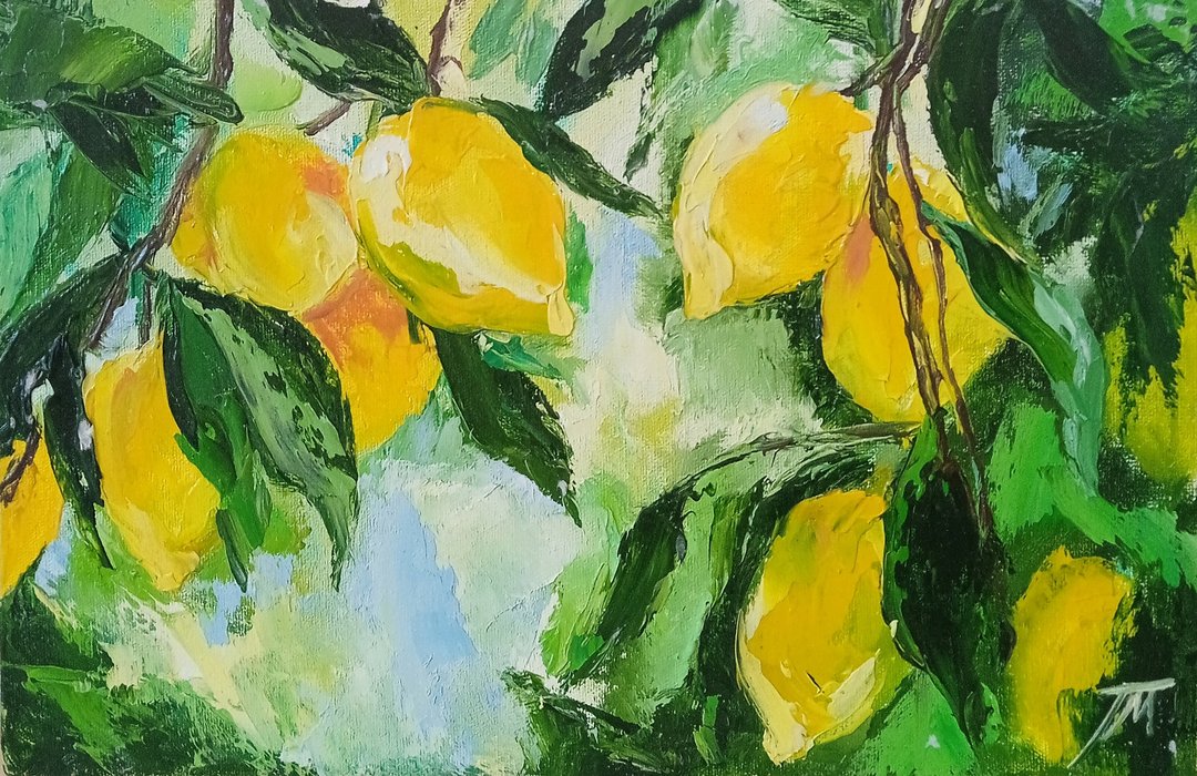 柠檬画原创艺术柠檬树画油20*30cm - 海报/装饰画/版画 - 其他材质 黄色