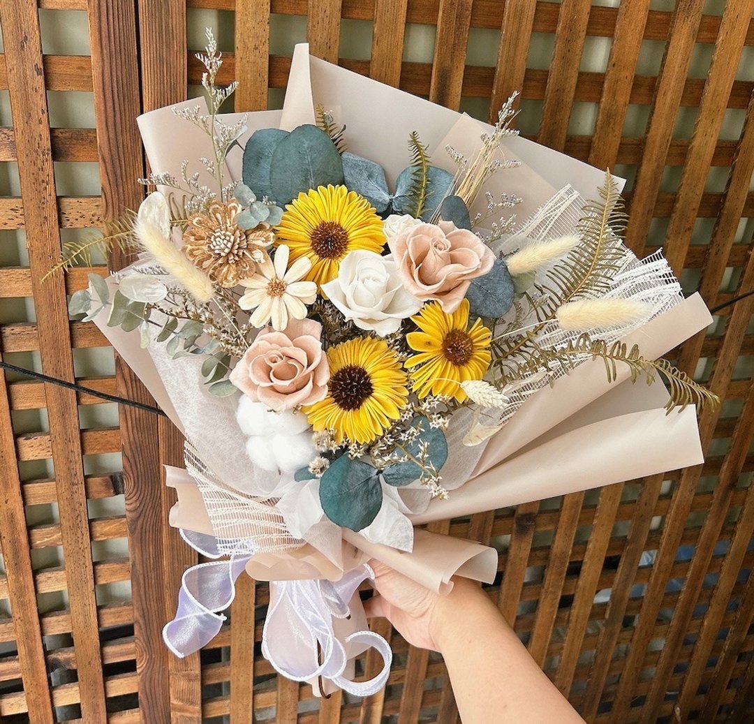午后阳光 永生花束 向日葵 毕业 毕业花束 毕业季 附提袋 - 干燥花/捧花 - 植物．花 卡其色