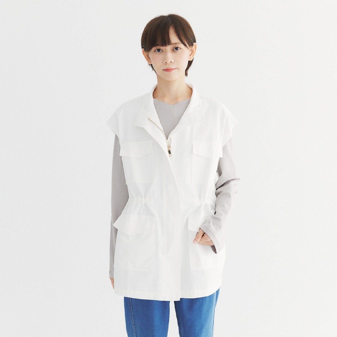 【Simply Yours】内抽绳缩腰工装背心外套 白F - 女装背心 - 棉．麻 白色