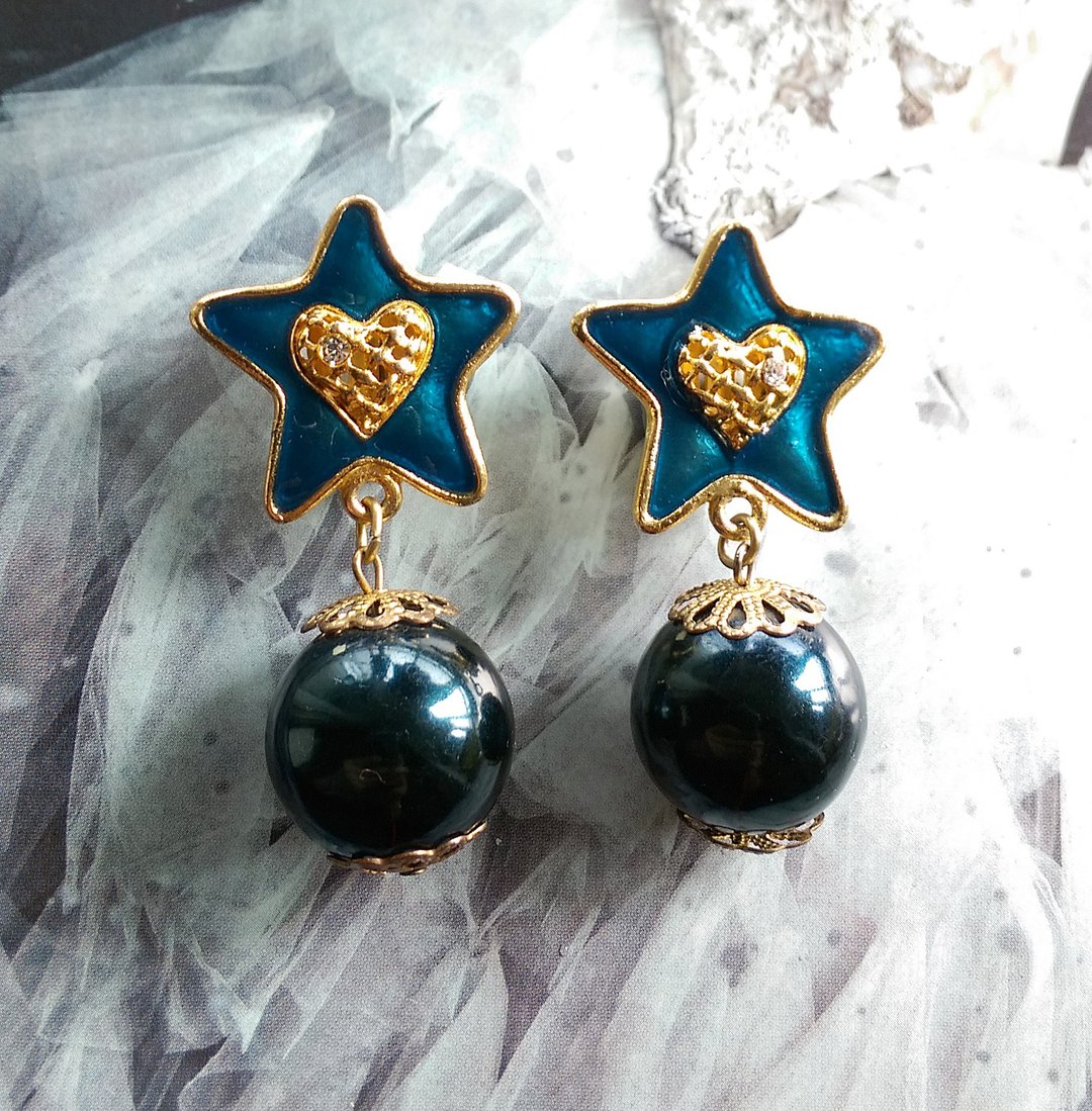 Vintage Jewelry 西洋古董饰品 蓝星星 垂坠 夹式耳环 - 耳环/耳夹 - 其他金属 金色