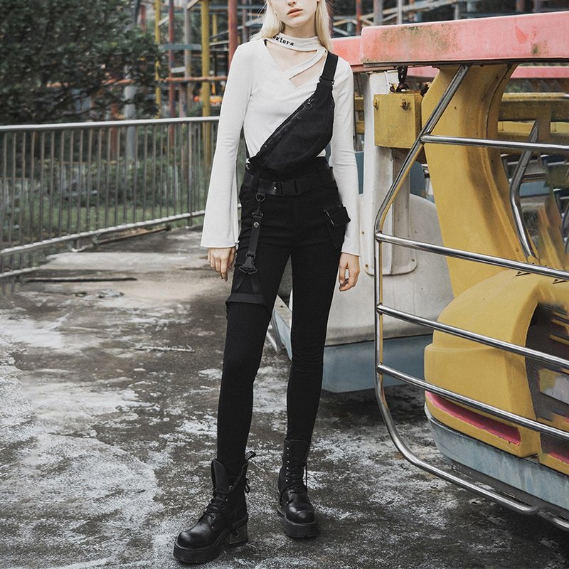 赛博庞克机甲牛仔裤 / 可拆腰带腿袢 /*添加大尺码* - 女装长裤 - 其他材质 黑色