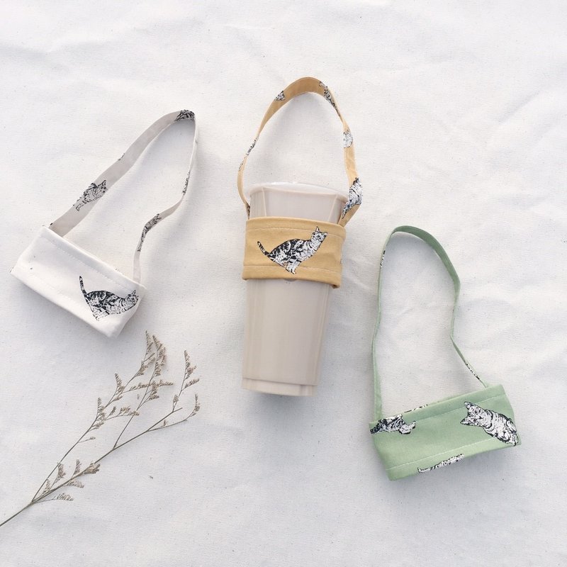 手作饮料杯提袋 / 黑白猫咪 - 随行杯提袋/水壶袋 - 棉．麻 白色