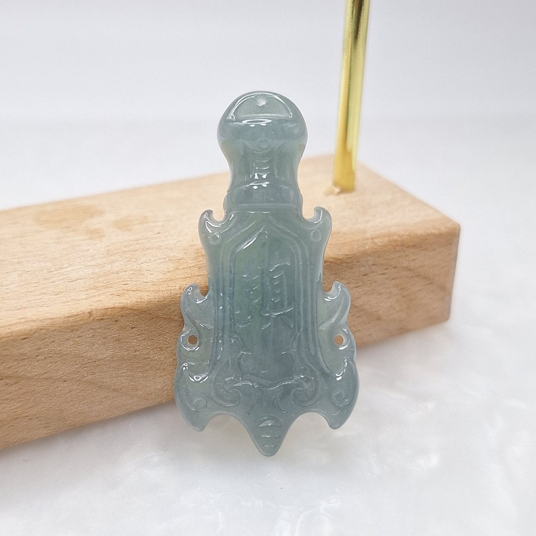 温润带冰深蓝色镇刹宝剑手工雕刻吊坠 |天然A货翡翠 - 项链 - 玉石 