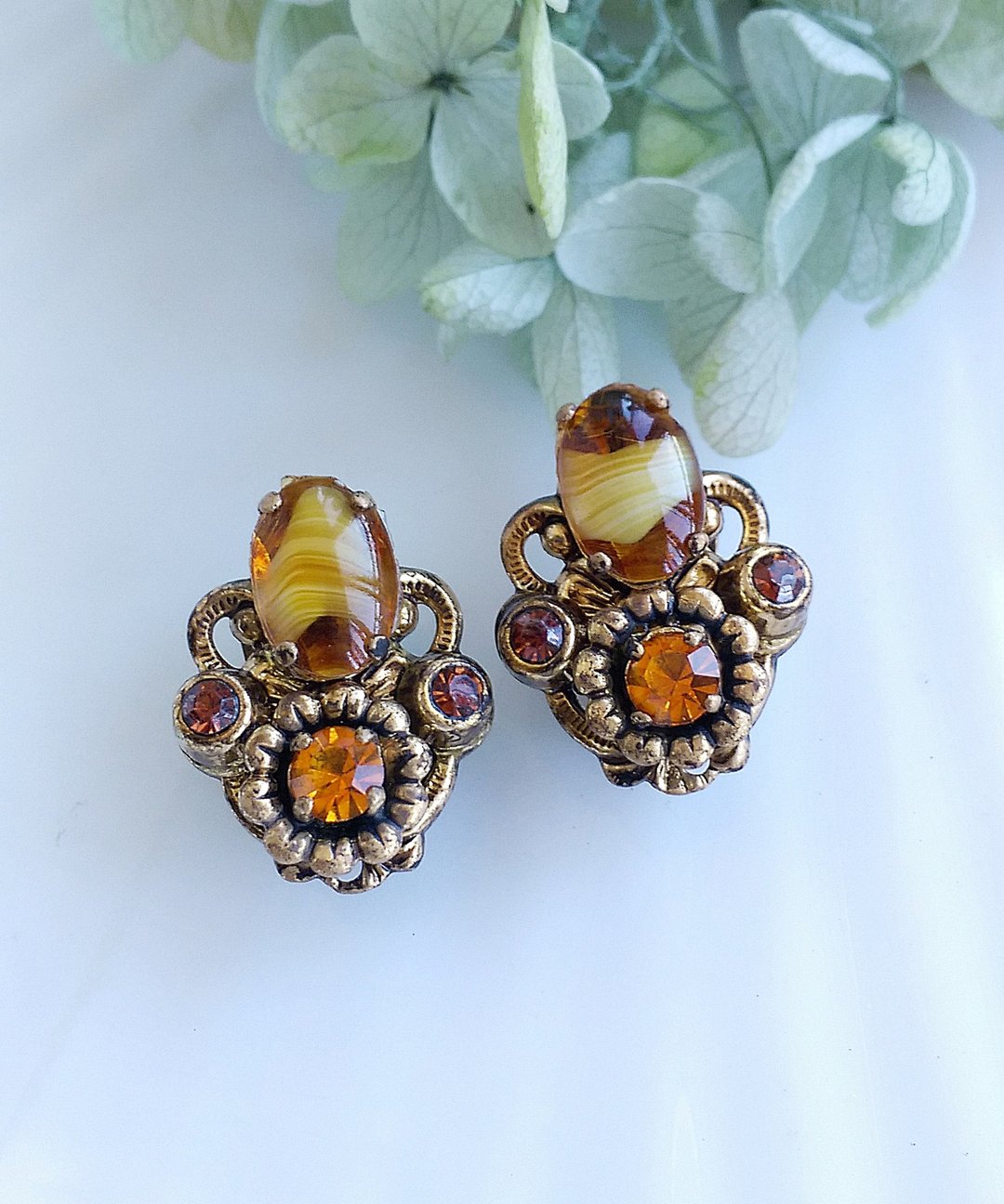 Vintage Jewelry 西洋古董饰品 西德制 优雅 琥珀色调  夹式耳环 - 耳环/耳夹 - 其他金属 金色