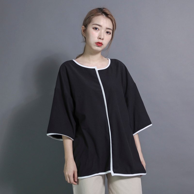 Vision 次元错位滚边上衣_7SF108_黑 - 女装上衣 - 棉．麻 黑色