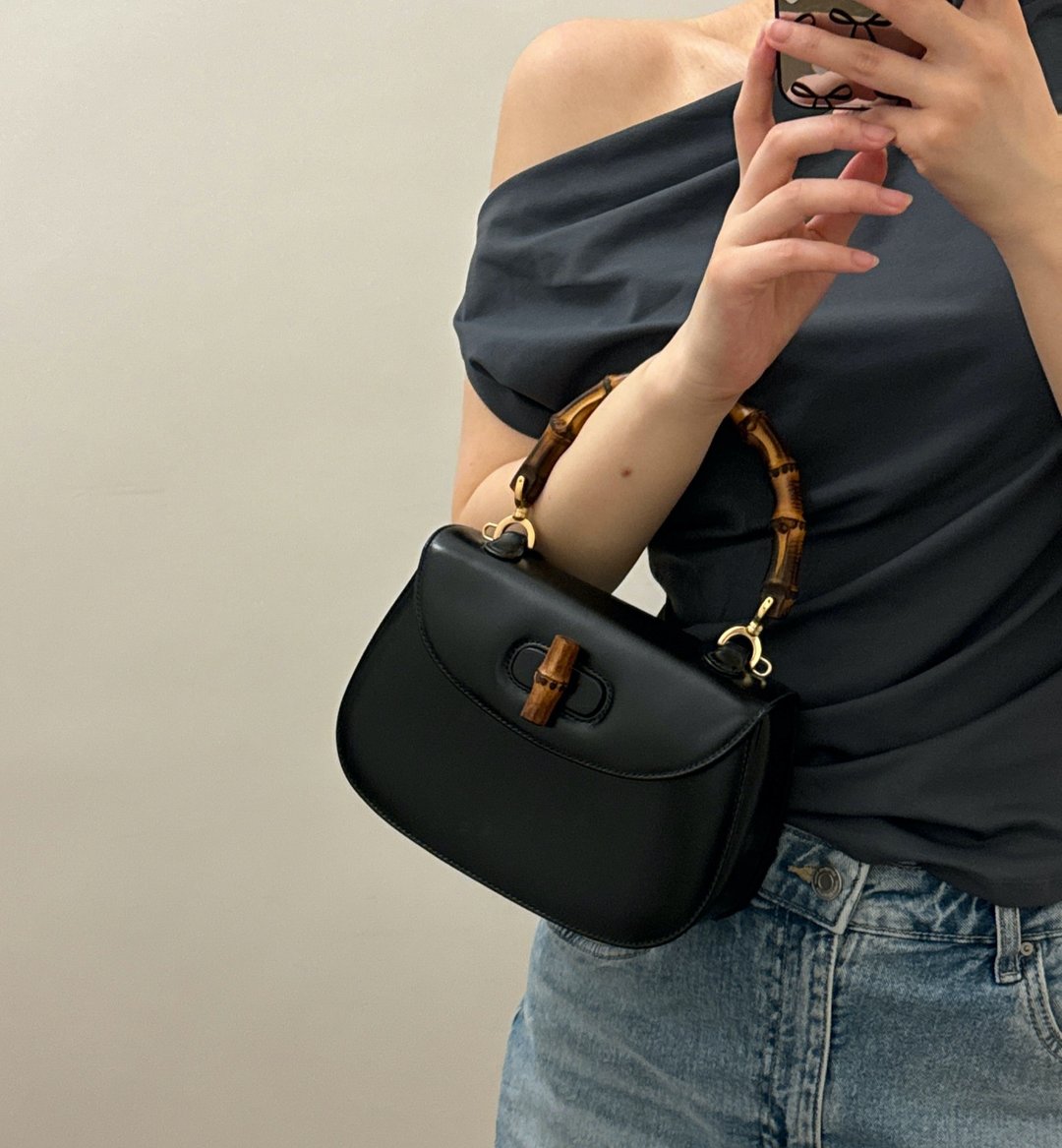 中古 Gucci 黑金竹节南瓜包手提斜背两用包 - 手提包/手提袋 - 真皮 黑色
