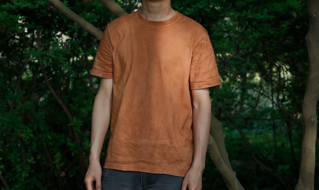 薯莨染T-shirt薯榔植物染重磅厚T恤纯棉圆领宽松复古做旧暖色短袖 - 中性连帽卫衣/T 恤 - 棉 橘色