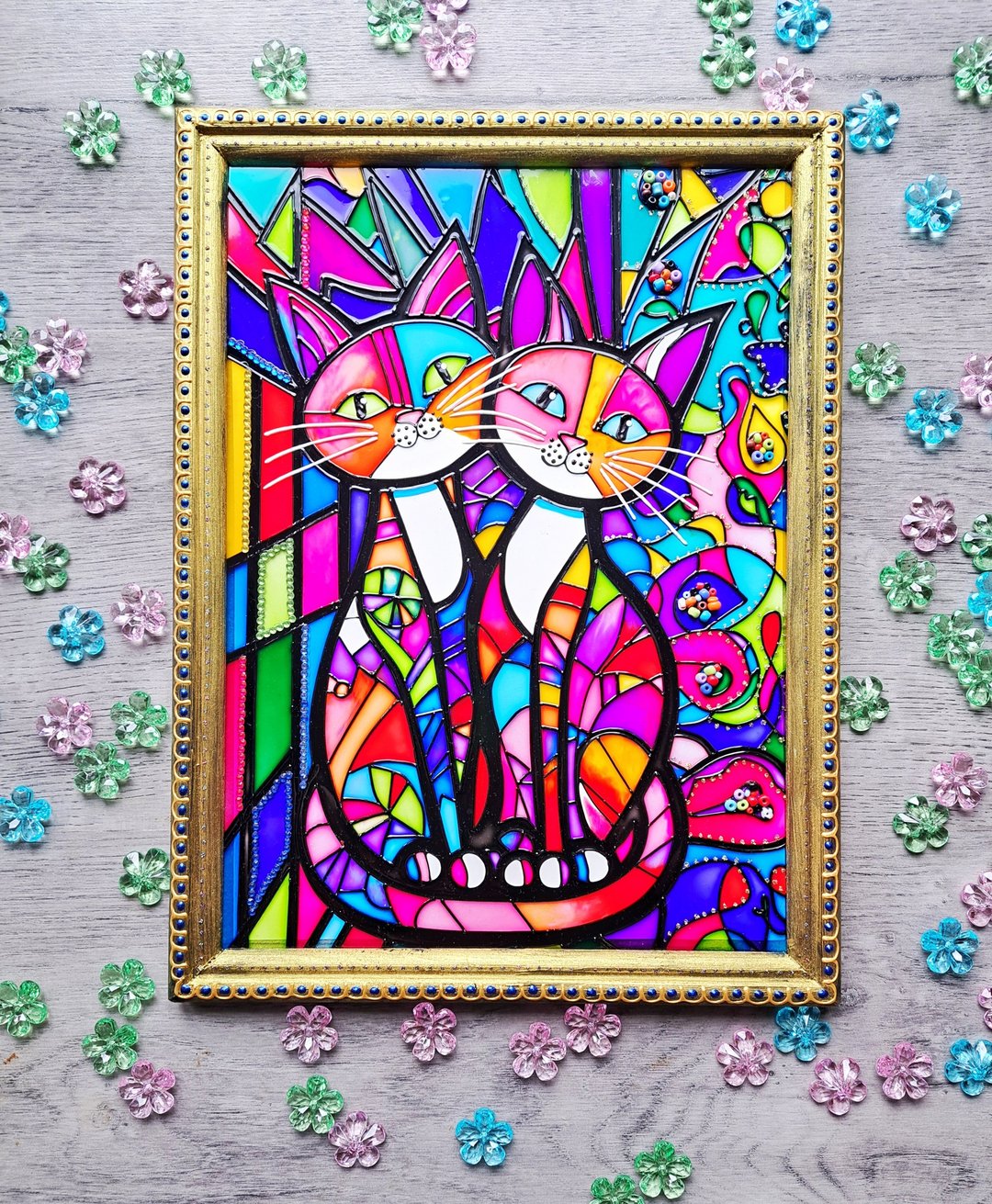 彩色玻璃画对猫结婚礼物几何现代墙壁装饰 - 墙贴/壁贴 - 玻璃 多色