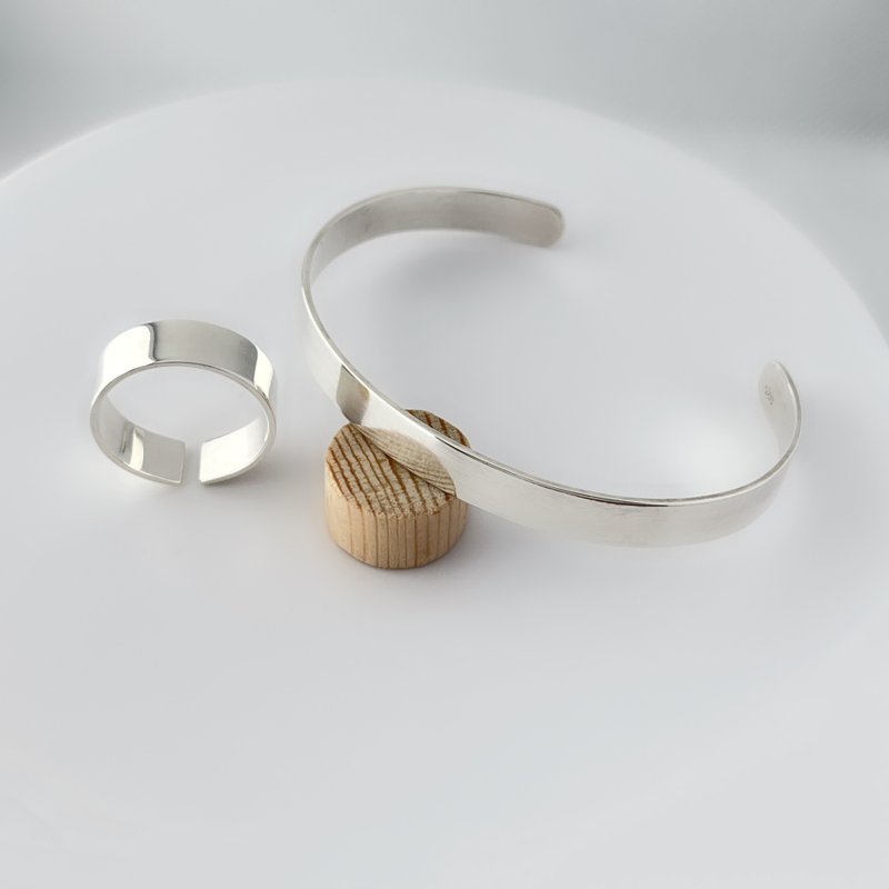 镜面抛光 925银手镯 + 戒指套装 - 手链/手环 - 纯银 银色