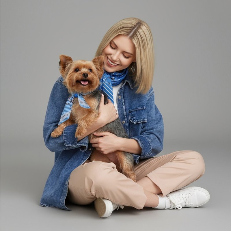 宠主与宠物网红组合狗狗及主人同款造型狗狗围巾普罗旺斯蔚蓝套装 - 衣/帽 - 聚酯纤维 蓝色