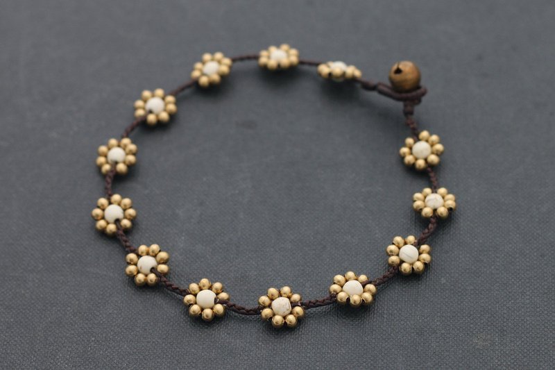 串珠脚链白色绿松石编织黄铜编织脚链 - 脚链/脚环 - 石头 金色