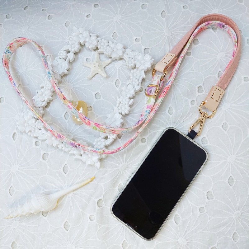 三合一多功能柔粉色水彩花韩国棉布手机斜背绳/斜背带/背绳/ - 挂绳/吊绳 - 棉．麻 粉红色