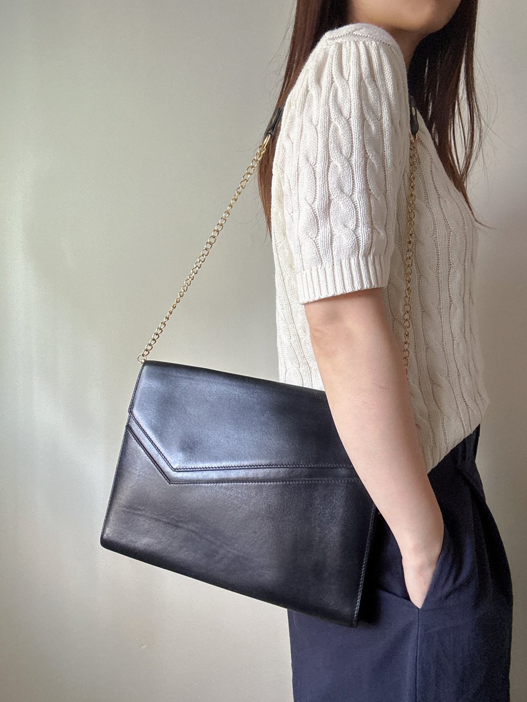 中古名牌 Delvaux 比时利制 信封手拿包 iPad 皮套 侧背包 - 手拿包 - 真皮 黑色