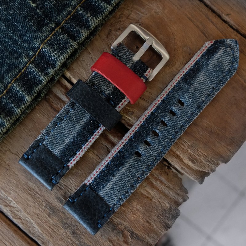 Denim red selvage watch strap, red edge, faded denim fabric, 18mm 20mm 22mm 24mm - 表带 - 真皮 蓝色