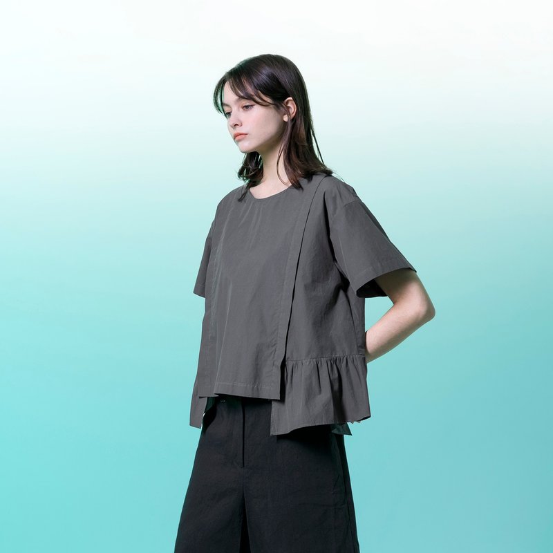 细褶错位摆圆领上衣 - 女装上衣 - 棉．麻 灰色
