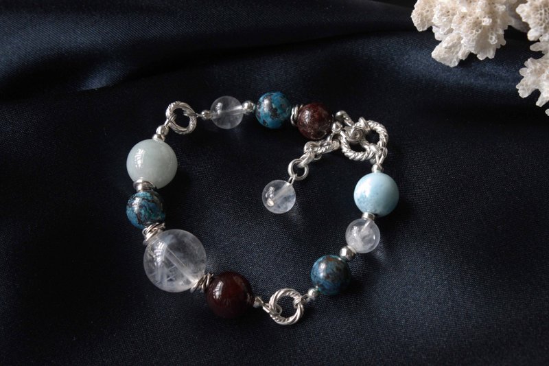 地中海的晨雾 | 探索系列// 蓝针水晶翡翠蓝松纯银手链//OT扣型 - 手链/手环 - 宝石 银色