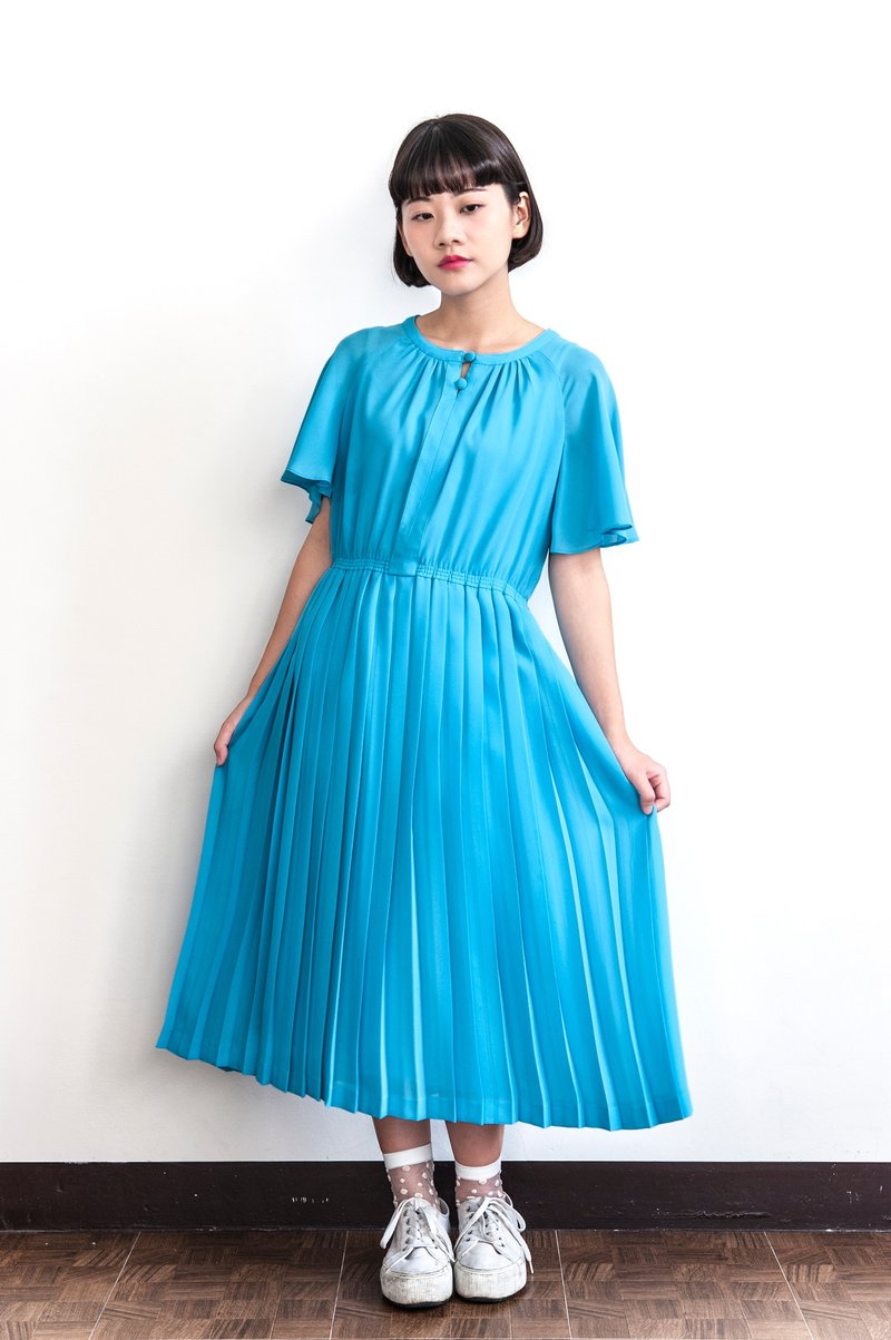 Vintage 水蓝波浪古着连袖洋装 - 洋装/连衣裙 - 聚酯纤维 蓝色