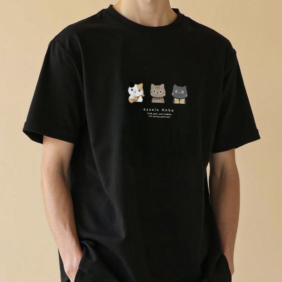 Essala T-Shirt 可爱猫咪印花T恤 - Anka05 - 男装上衣/T 恤 - 棉 黑色