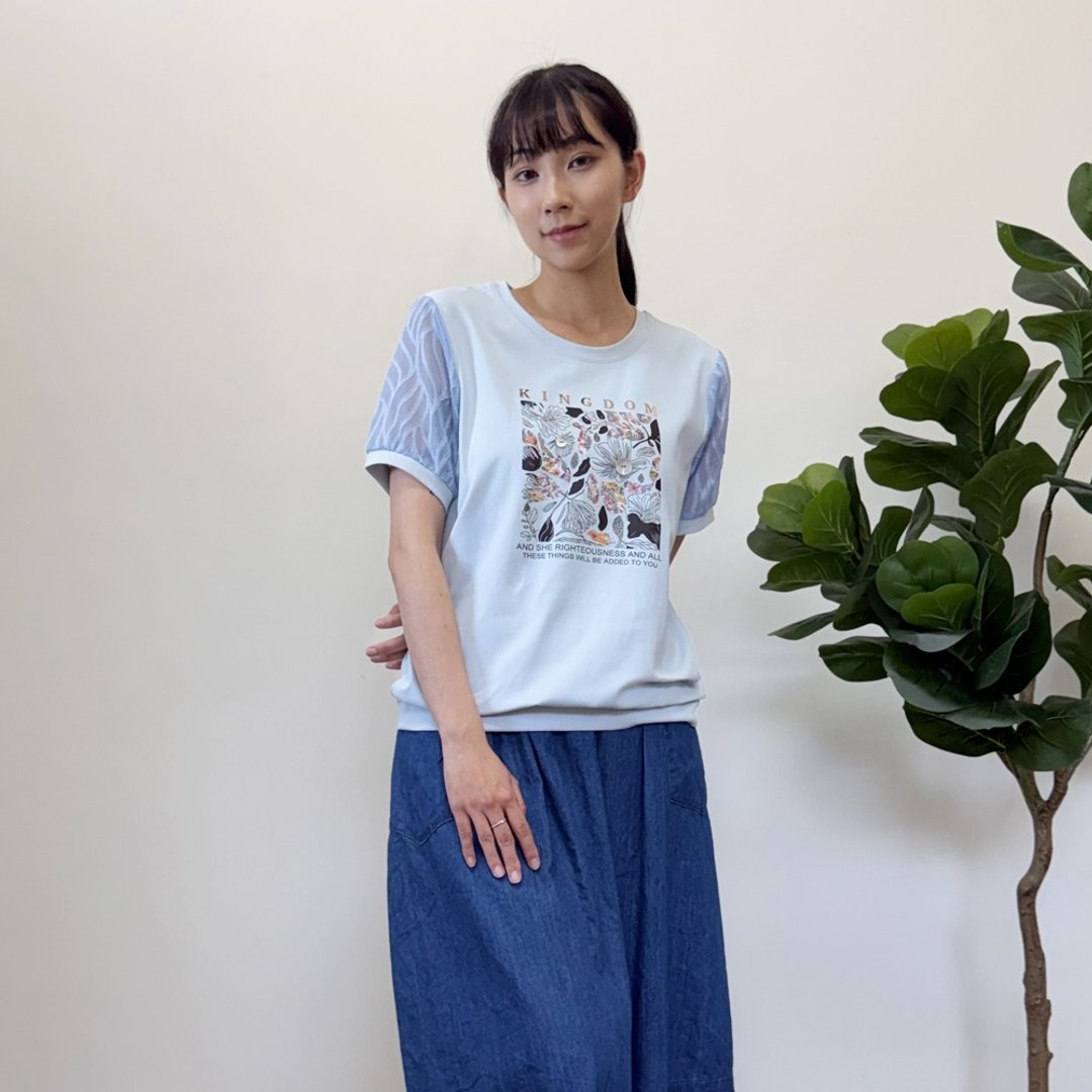 印花钮扣点缀拼接上衣 - 女装上衣 - 其他材质 