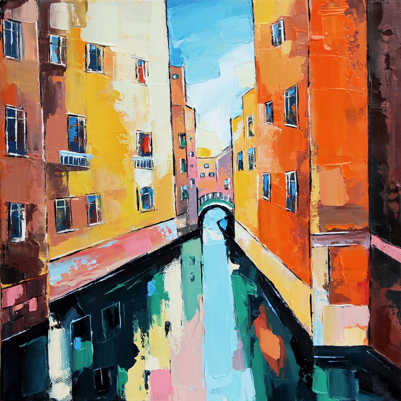 Venice Painting Italy Original Art Urban Landscape Wall Art Impasto Artwork Oil - 海报/装饰画/版画 - 其他材质 橘色