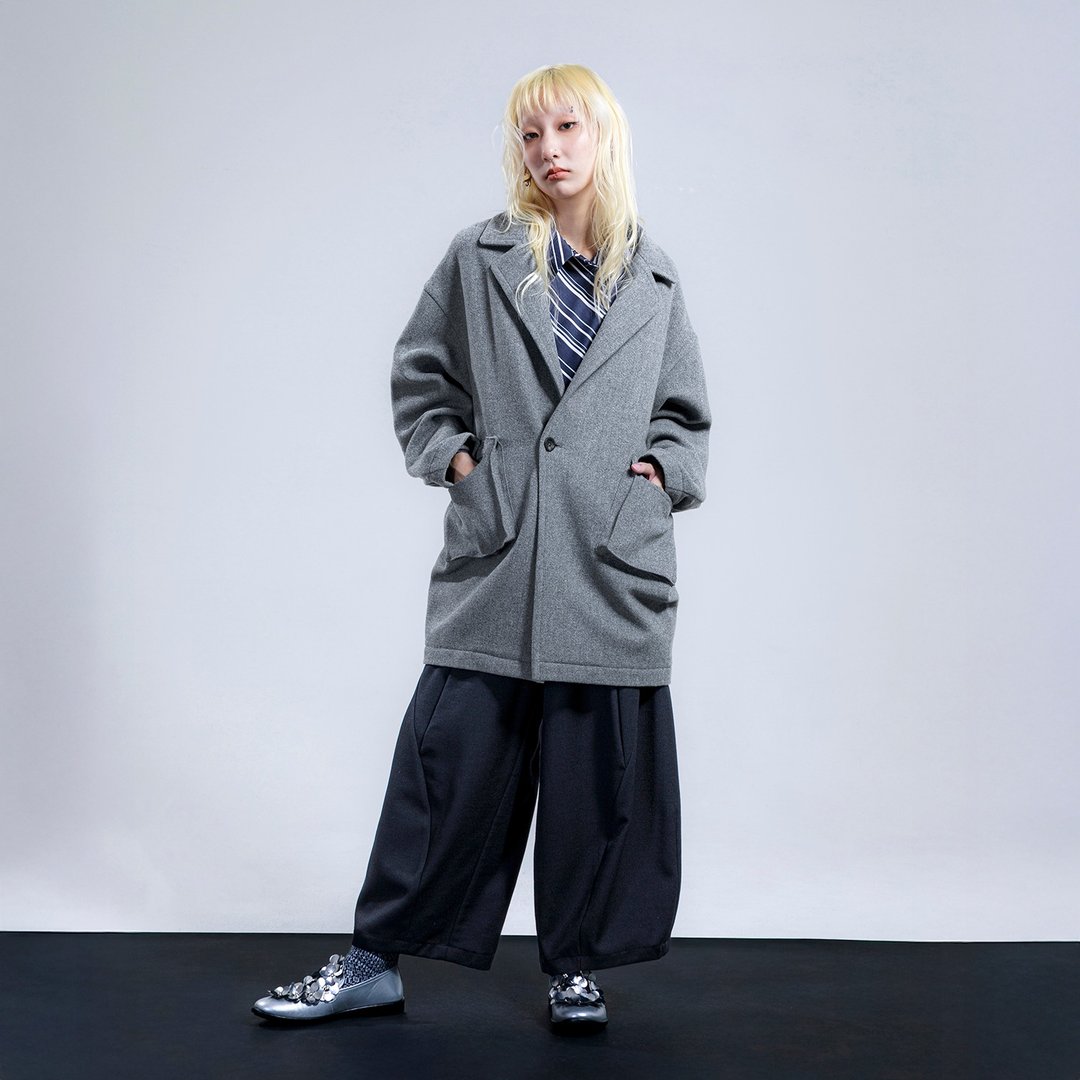 序层毛混纺落肩宽版外套 - 女装休闲/机能外套 - 其他材质 灰色