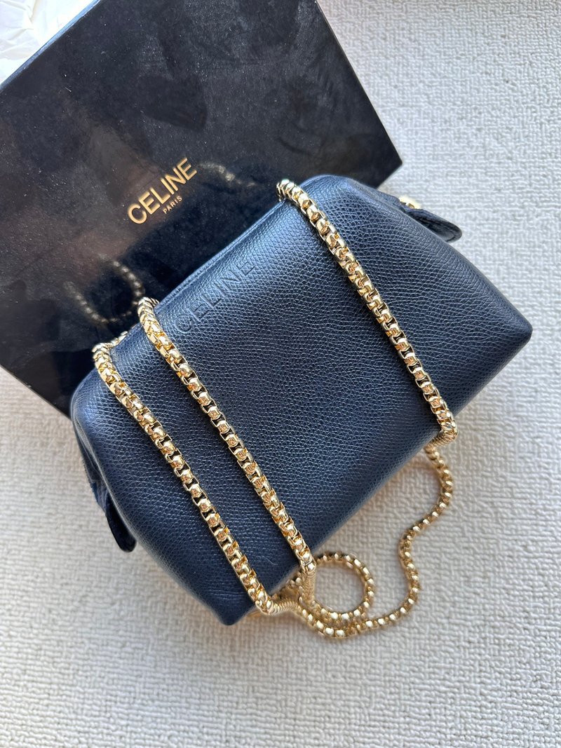 中古包 Vintage Celine 深蓝色荔枝纹牛皮化妆包小斜背包 - 侧背包/斜挎包 - 真皮 