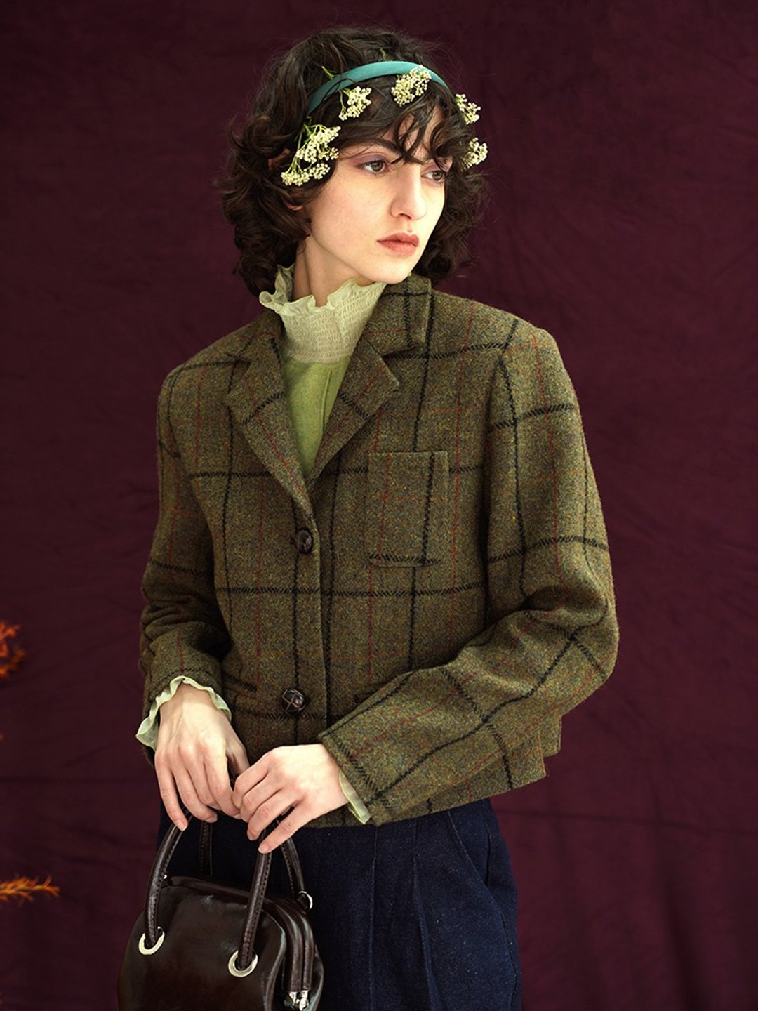 MintCheese 复古法式 vintage感深苔绿格纹 羊毛呢短西服外套 - 女装西装外套/风衣 - 羊毛 绿色