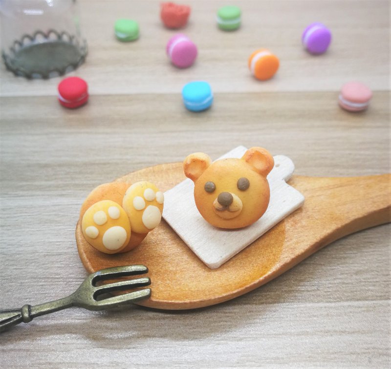 小熊和脚丫面包耳环 可改夹式耳环 - 耳环/耳夹 - 粘土 