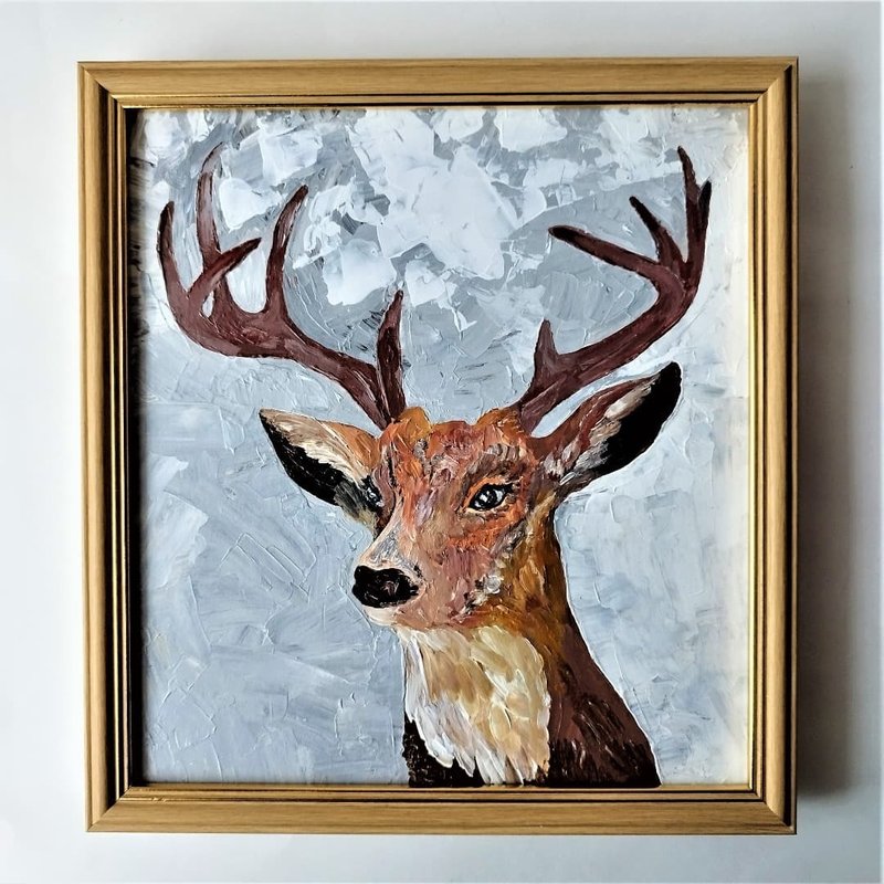 Deer painting, Elk wall art decor, Palette knife painting, Animal original art - 墙贴/壁贴 - 压克力 多色