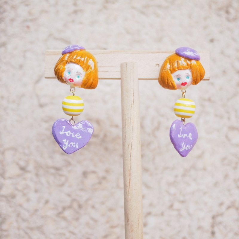 黏土手作可愛 娃娃頭 少女耳夾 - 耳环/耳夹 - 粘土 紫色