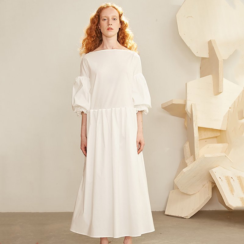 DIDDI原创 一字领素色连衣裙法式长小白裙泡泡袖大码女装独立设计 - 洋装/连衣裙 - 棉．麻 白色
