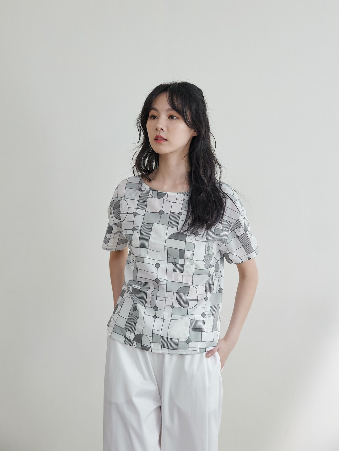 几何梦境的秘密上衣-middle - 女装上衣 - 棉 灰色