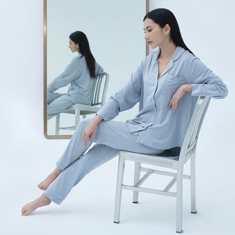享日子 莫代尔衬衫式居家套装秋冬款-蓝色 - 居家服/睡衣 - 其他人造纤维 