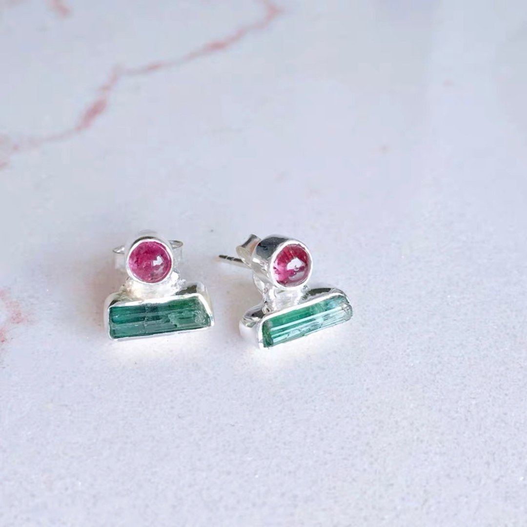 天然石 碧玺 电气石 tourmaline 天然原矿 925纯银耳环 - 耳环/耳夹 - 宝石 多色