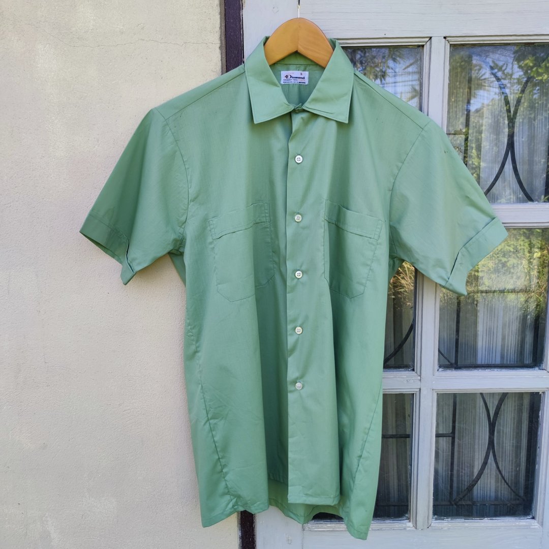 复古 60 年代 Diamond Chemise Permanent Press 素色绿色运动衬衫 全新库存 - 男装衬衫 - 棉．麻 绿色