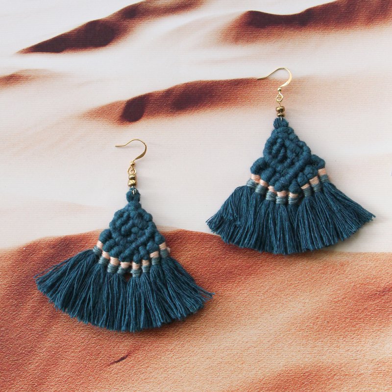 马拉喀什 编织耳环 深土耳其蓝 - 耳环/耳夹 - 棉．麻 蓝色