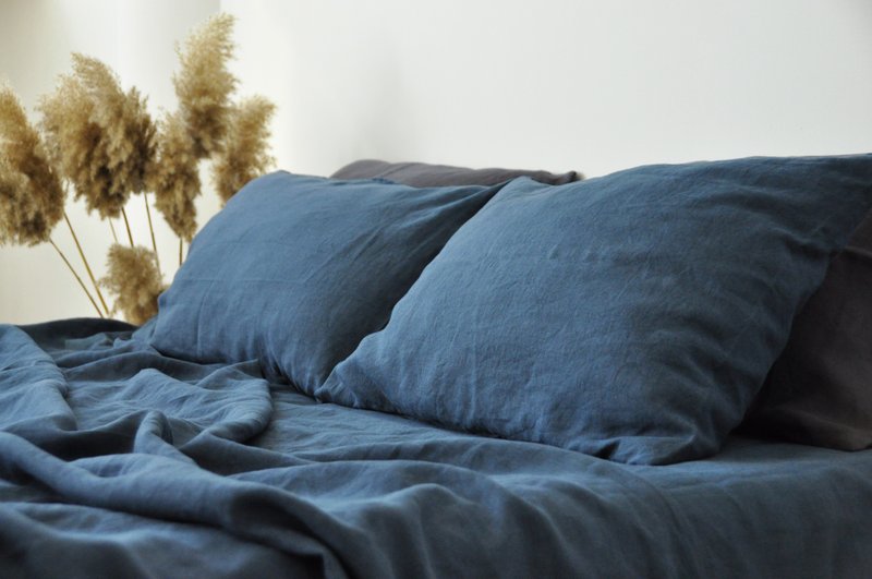 Charcoal teal linen sheet set / Flat+fitted sheet+2 pillowcases / Blue bedding - 寝具 - 亚麻 蓝色