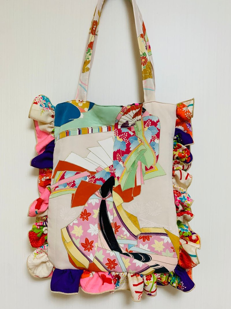 和服改造荷叶边包 - 手提包/手提袋 - 丝．绢 粉红色