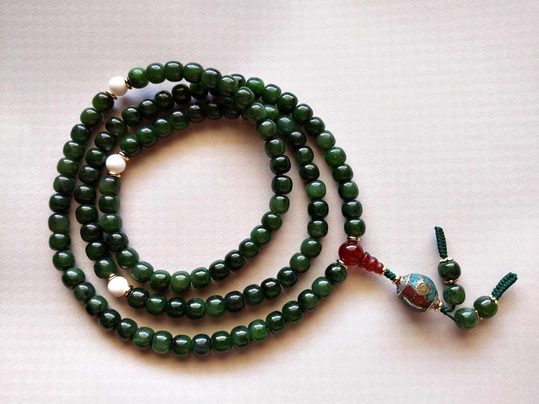 ORLI Jewelry 天然和阗玉碧玉老型珠108颗念珠 和田玉碧玉佛珠 - 项链 - 玉石 