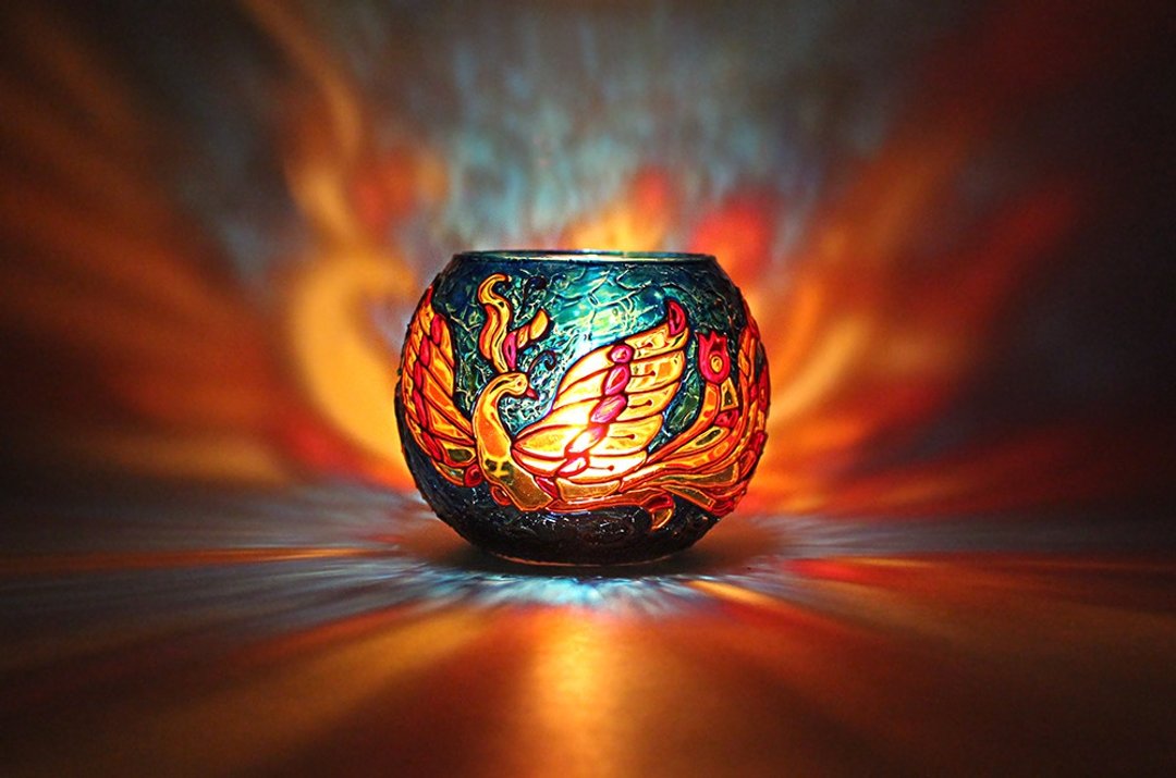 Phoenix Candle Holder Fire Bird Turkish Blue Tealight Holder Votive Hand-Painted - 蜡烛/烛台 - 玻璃 蓝色