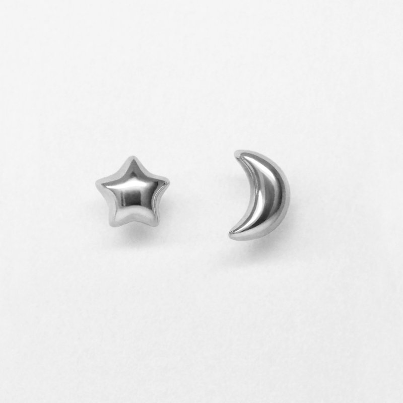 【Second Earrings】 铂金月&星耳环 - 耳环/耳夹 - 贵金属 