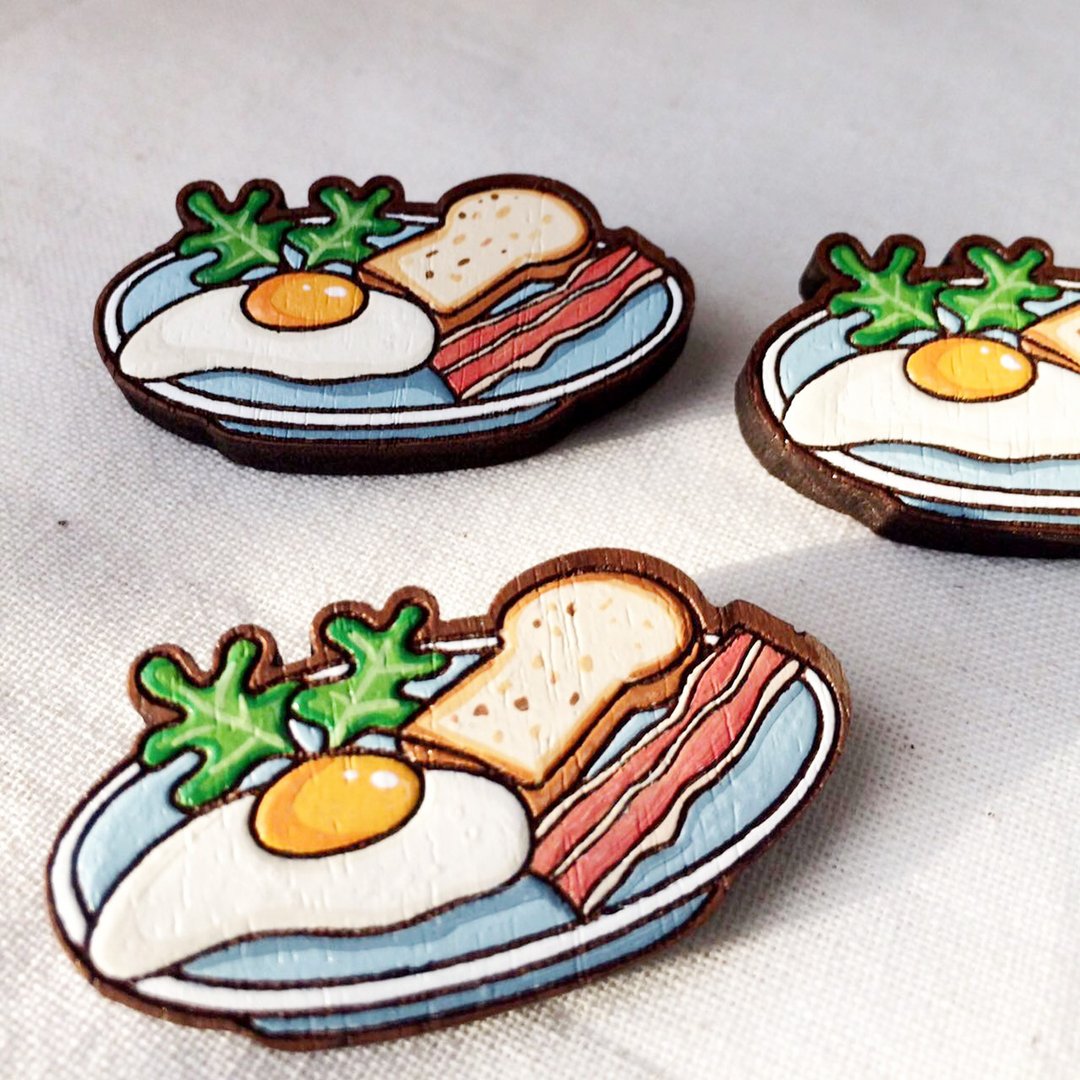 Wooden brooch breakfast - 胸针 - 木头 多色
